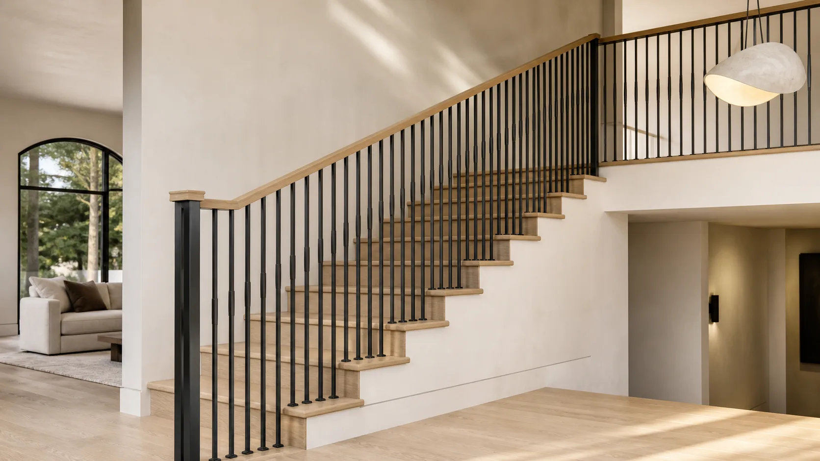 White-oak stair with a finely fluted matte-black steel railing