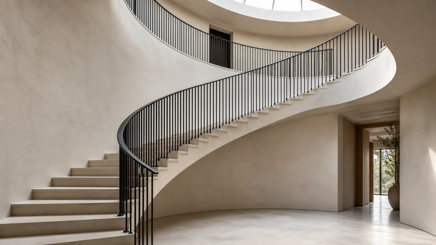 Curved floating stair with a slender dark-bronze railing