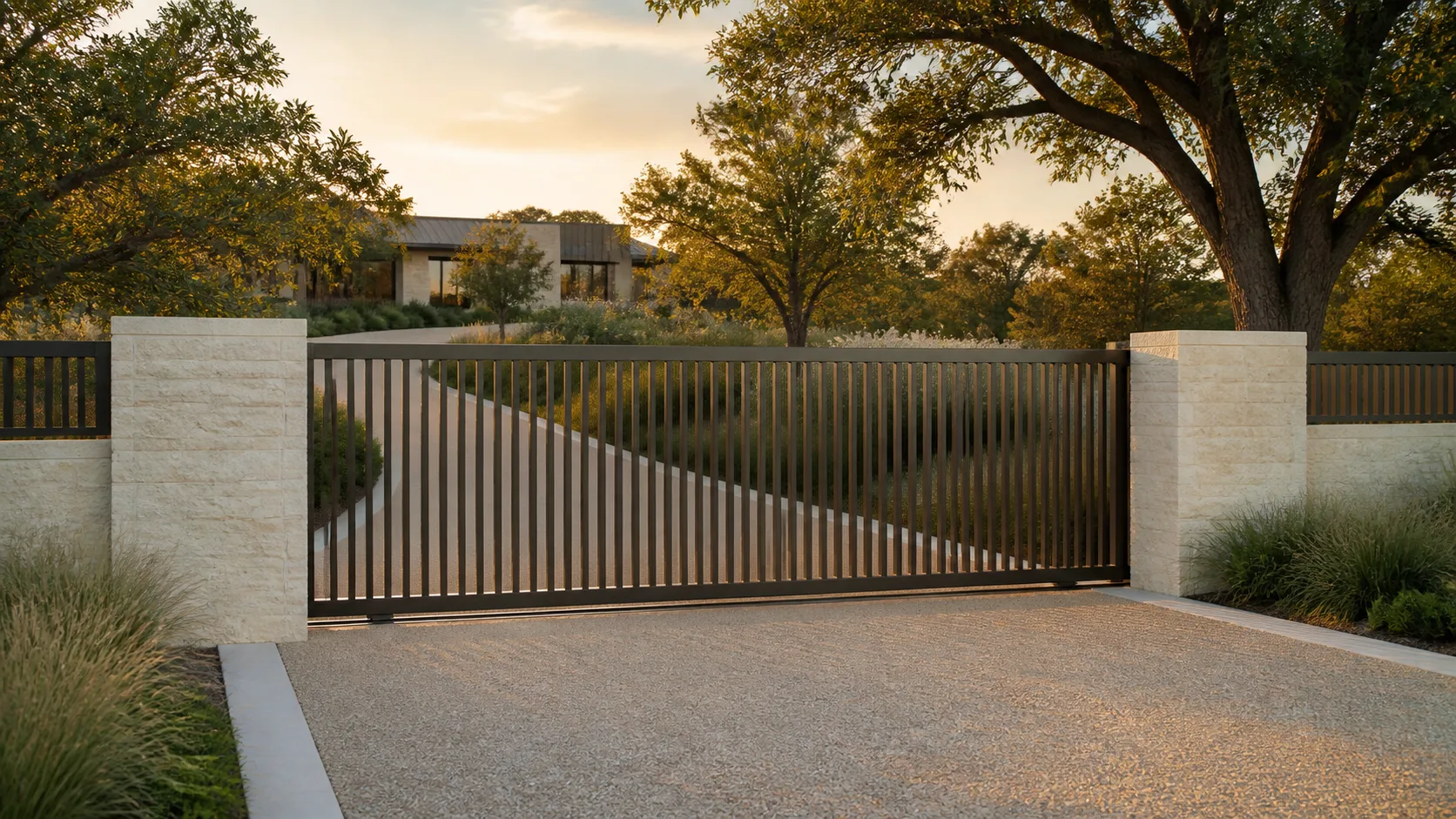 Minimal bronze driveway gate between pale limestone walls