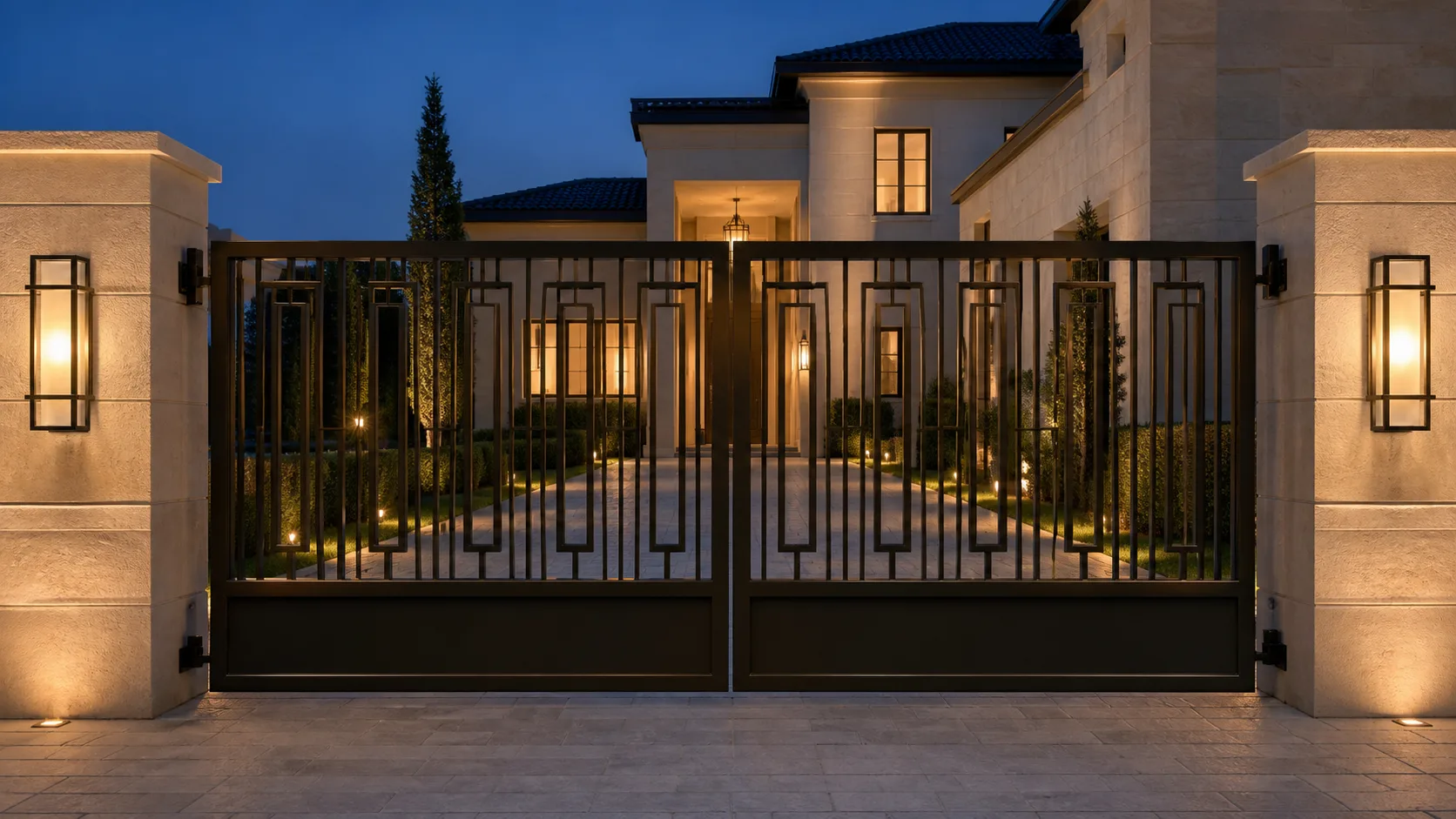 Geometric dark-bronze driveway gate framed by limestone piers