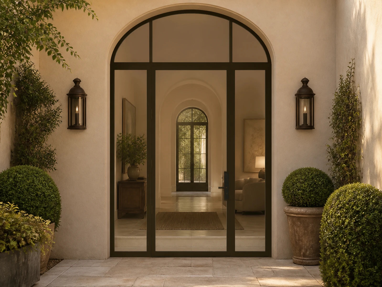 Photorealistic concept room for the exact hinged entry, sidelights, and arched transom configuration