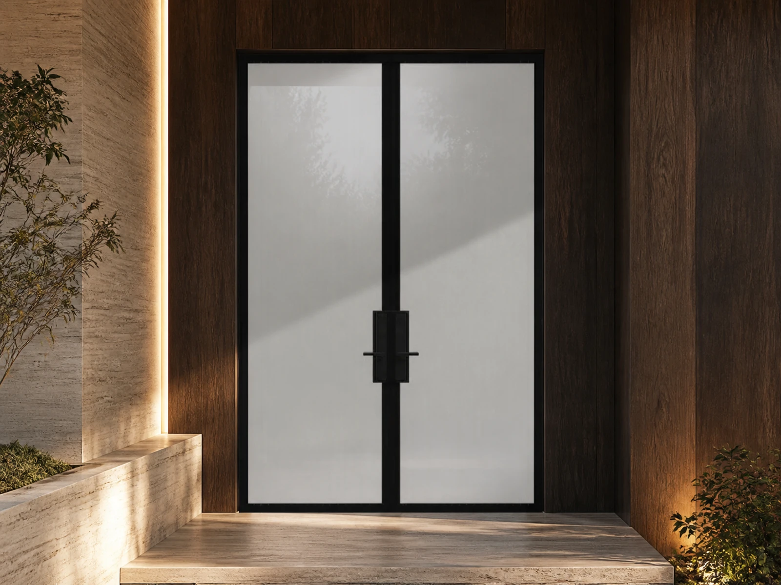 Architectural room scene for the exact full-view reeded double entry configurator state