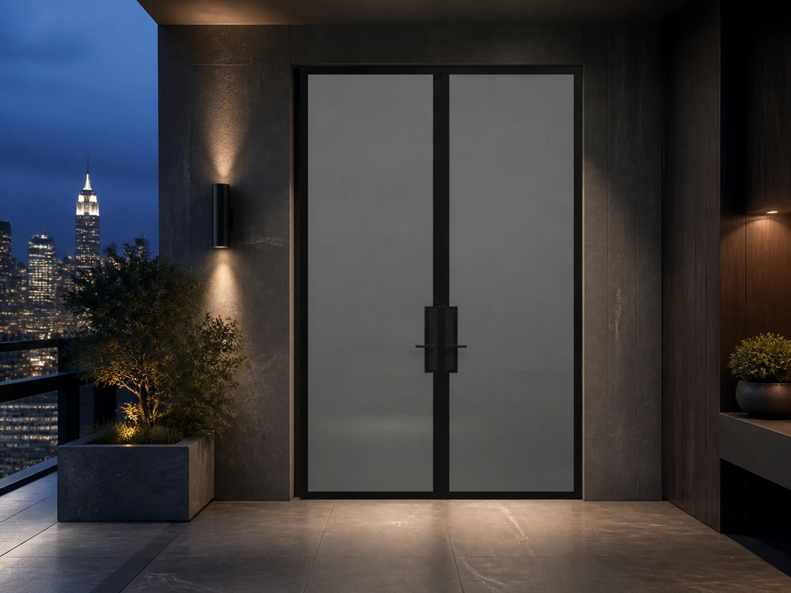 Architectural room scene for the exact smoked full-view double entry configurator state