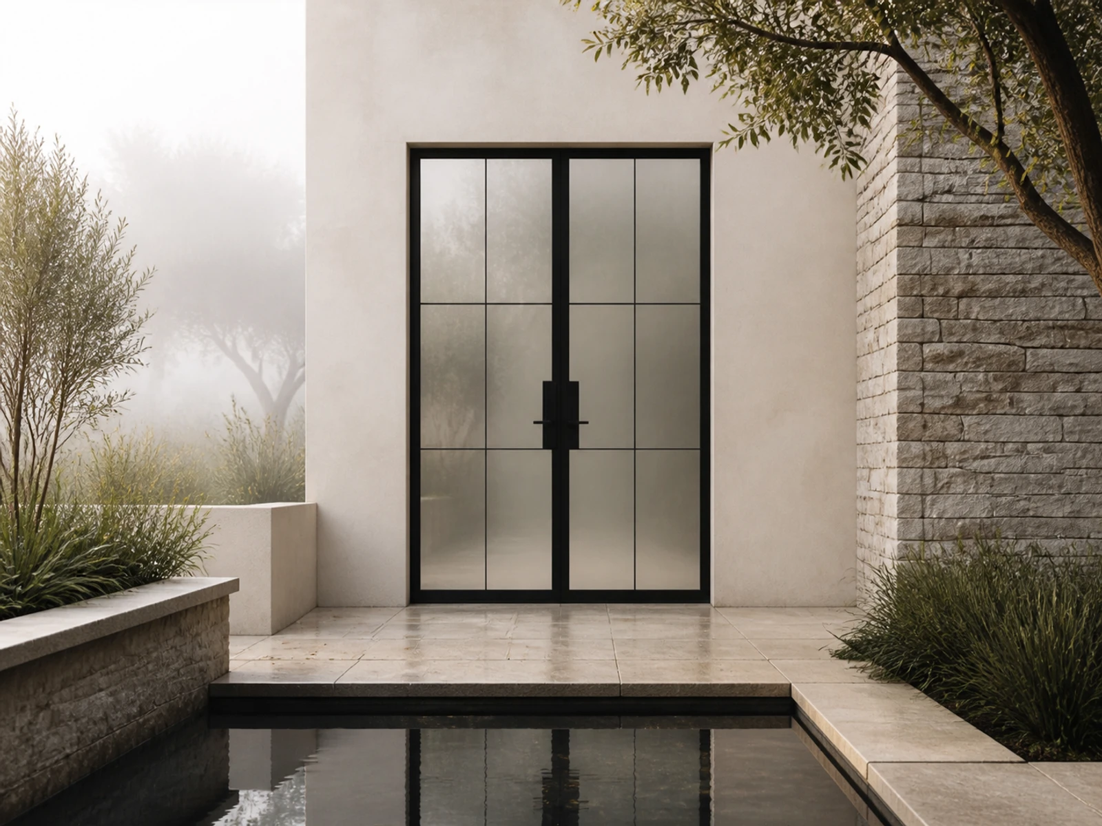 Architectural room scene for the exact six-lite reeded double entry configurator state