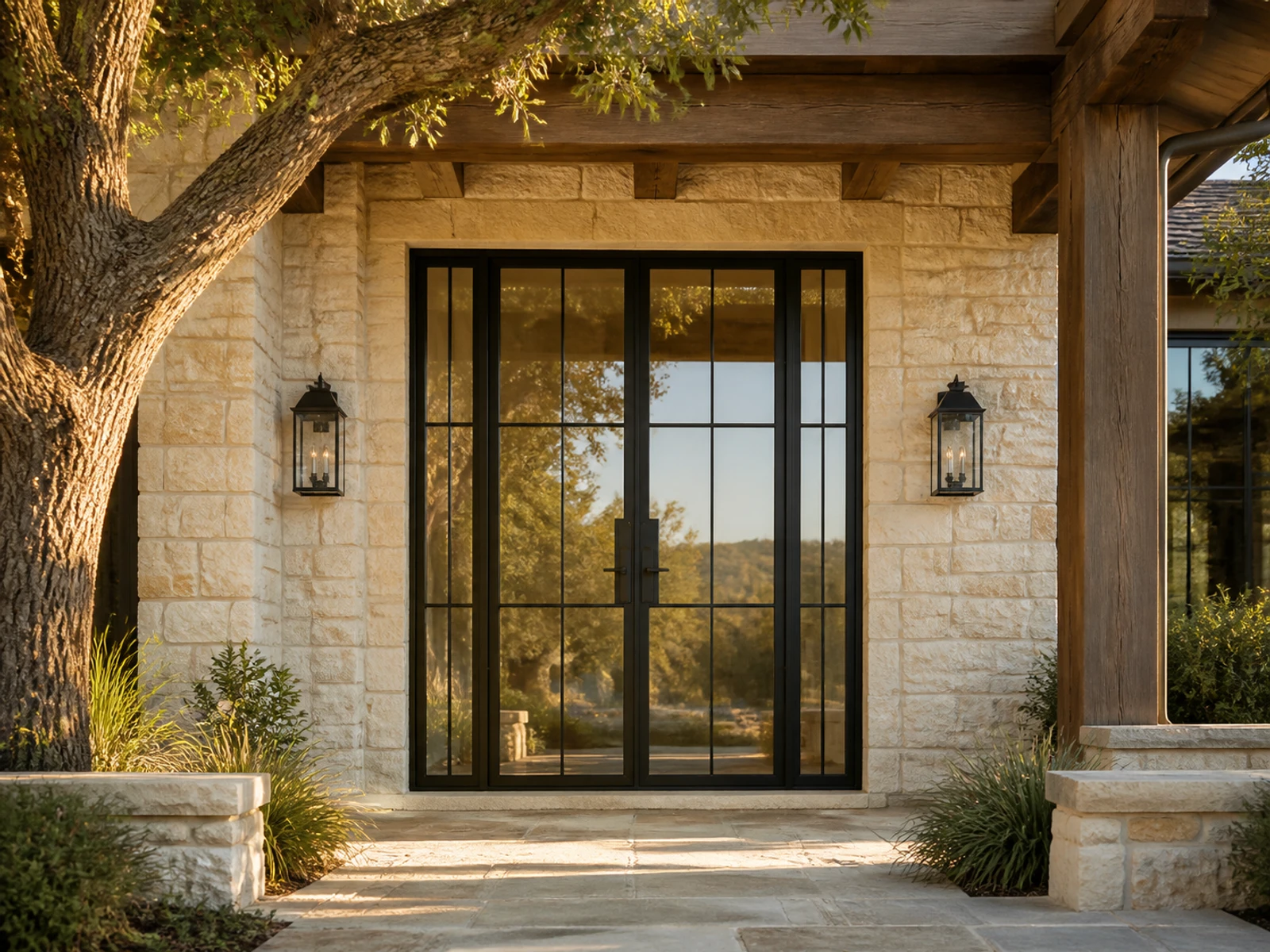 Architectural room scene for the exact six-lite double + sidelights configurator state