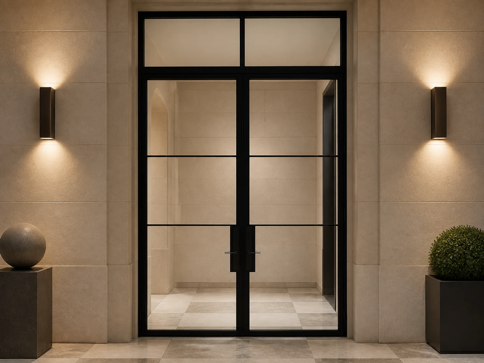 Photorealistic concept room for the exact double entry and straight transom configuration