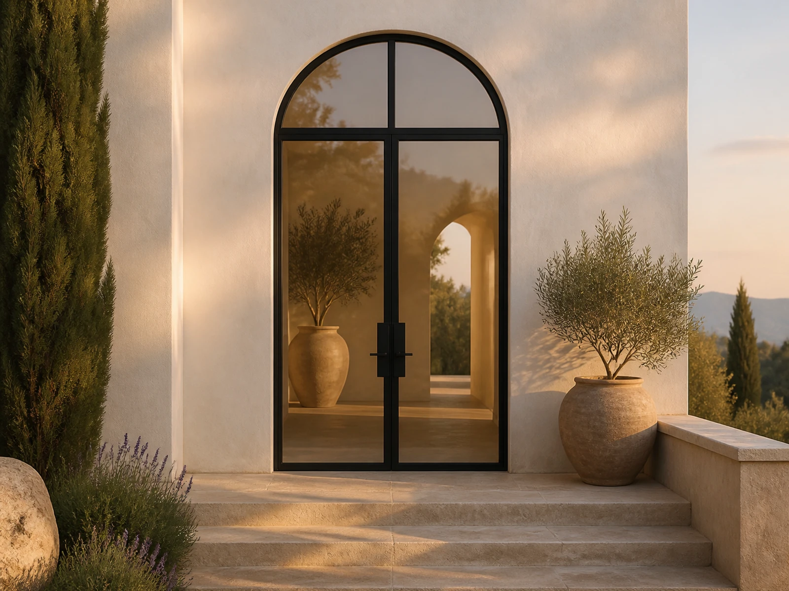 Architectural room scene for the exact double entry + arched transom configurator state