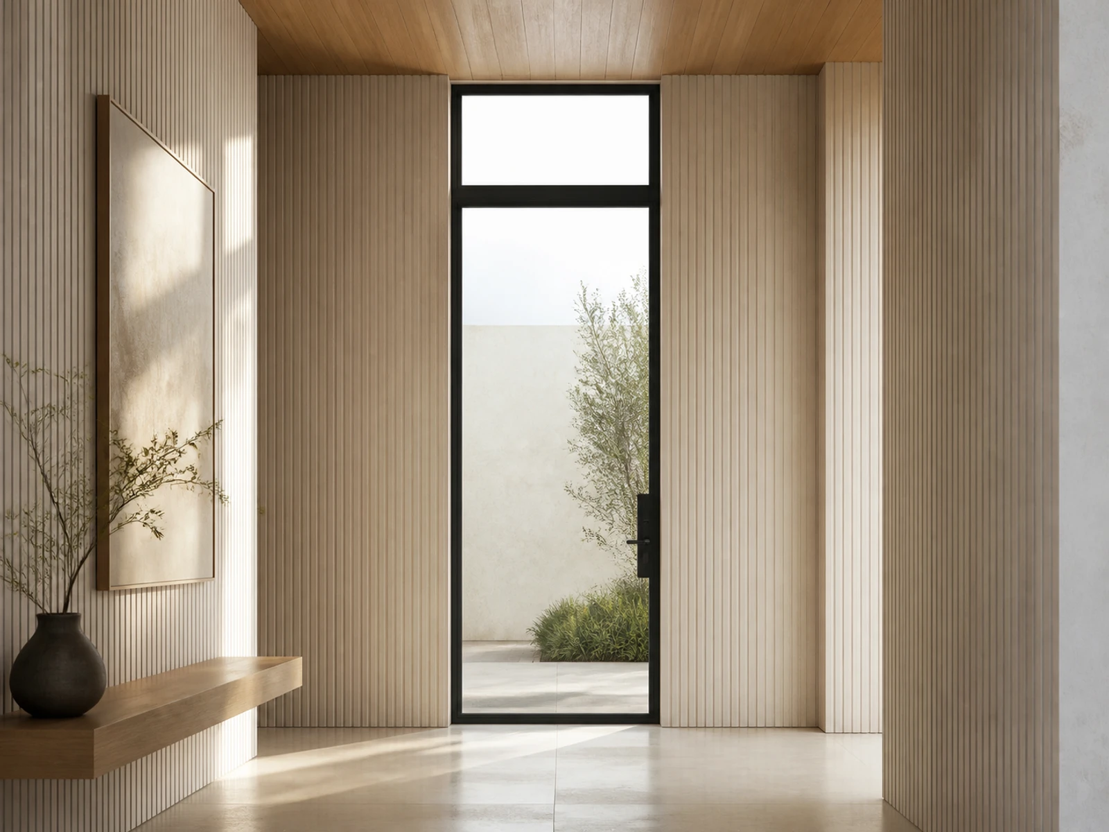 Architectural room scene for the exact full-view entry + transom configurator state