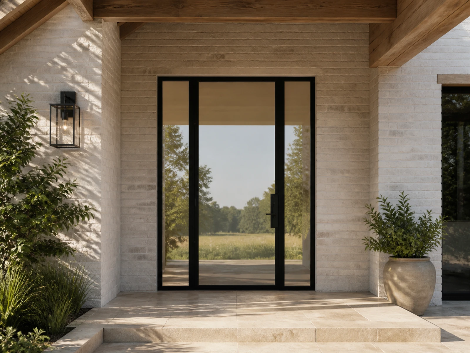 Architectural room scene for the exact full-view entry + sidelights configurator state