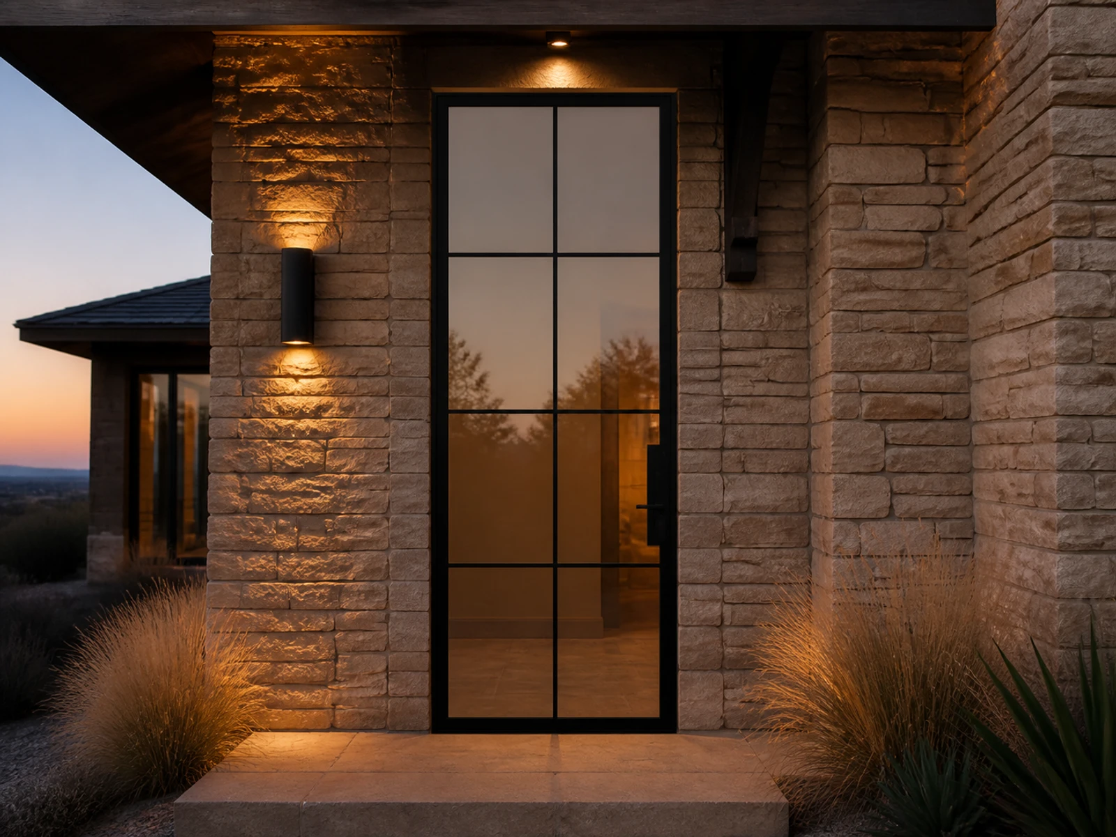 Architectural room scene for the exact eight-lite smoked entry configurator state