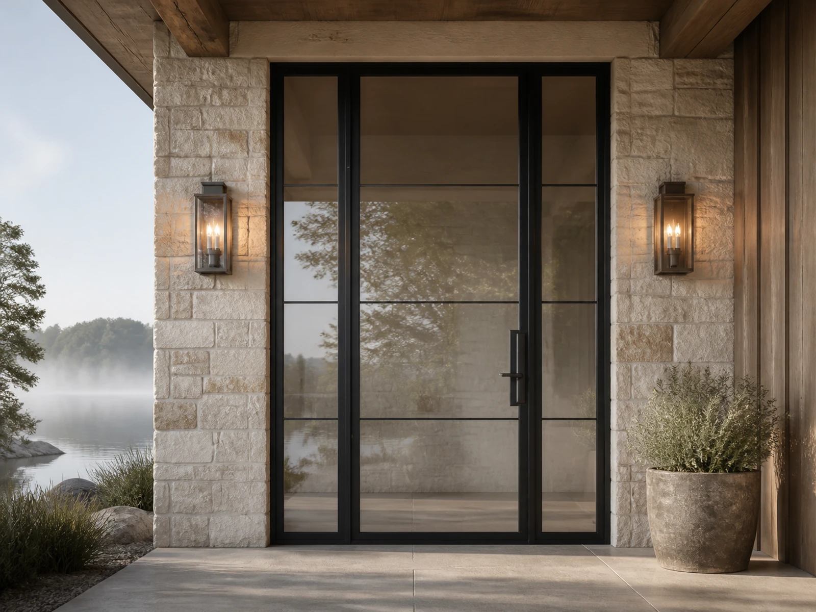 Architectural room scene for the exact four-lite entry + sidelights configurator state