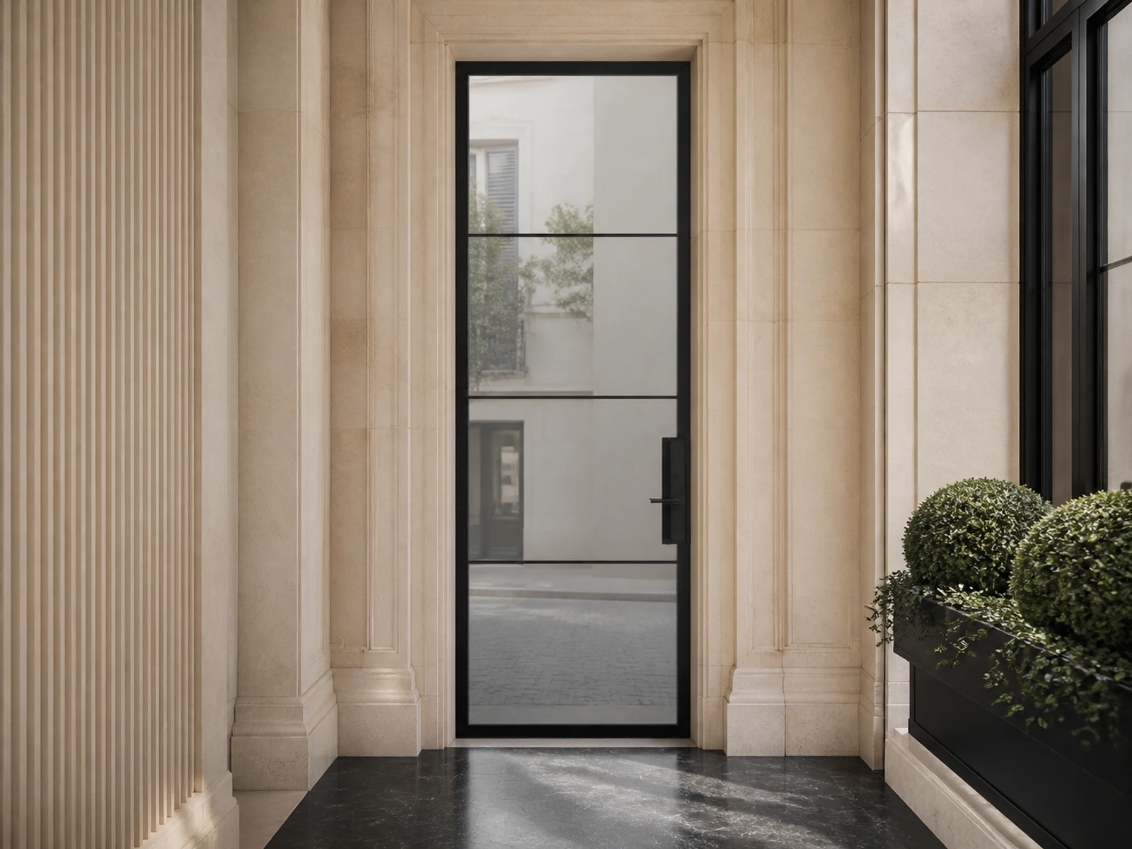 Architectural room scene for the exact four-lite hinged entry configurator state