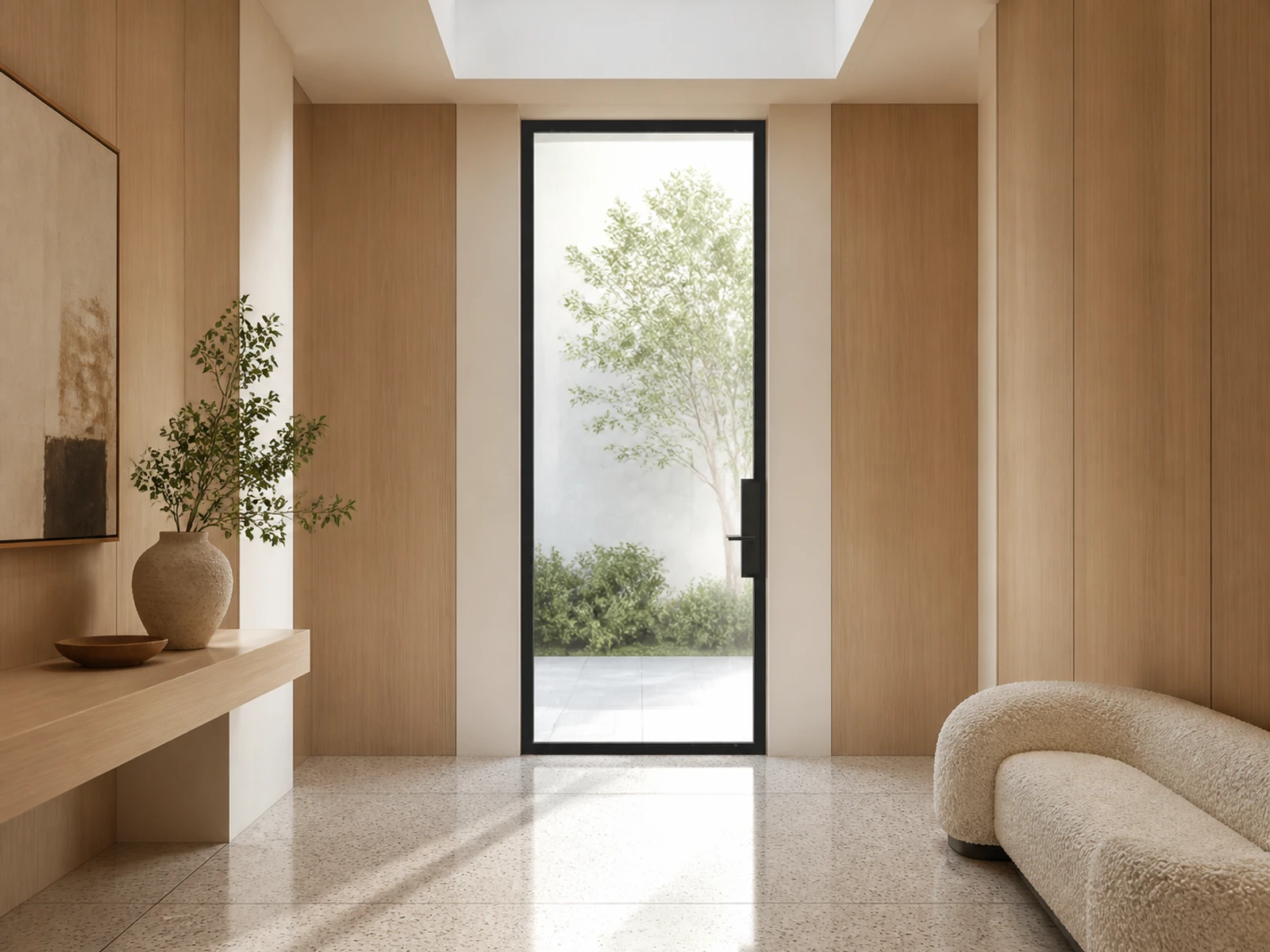 Architectural room scene for the exact full-view reeded entry configurator state