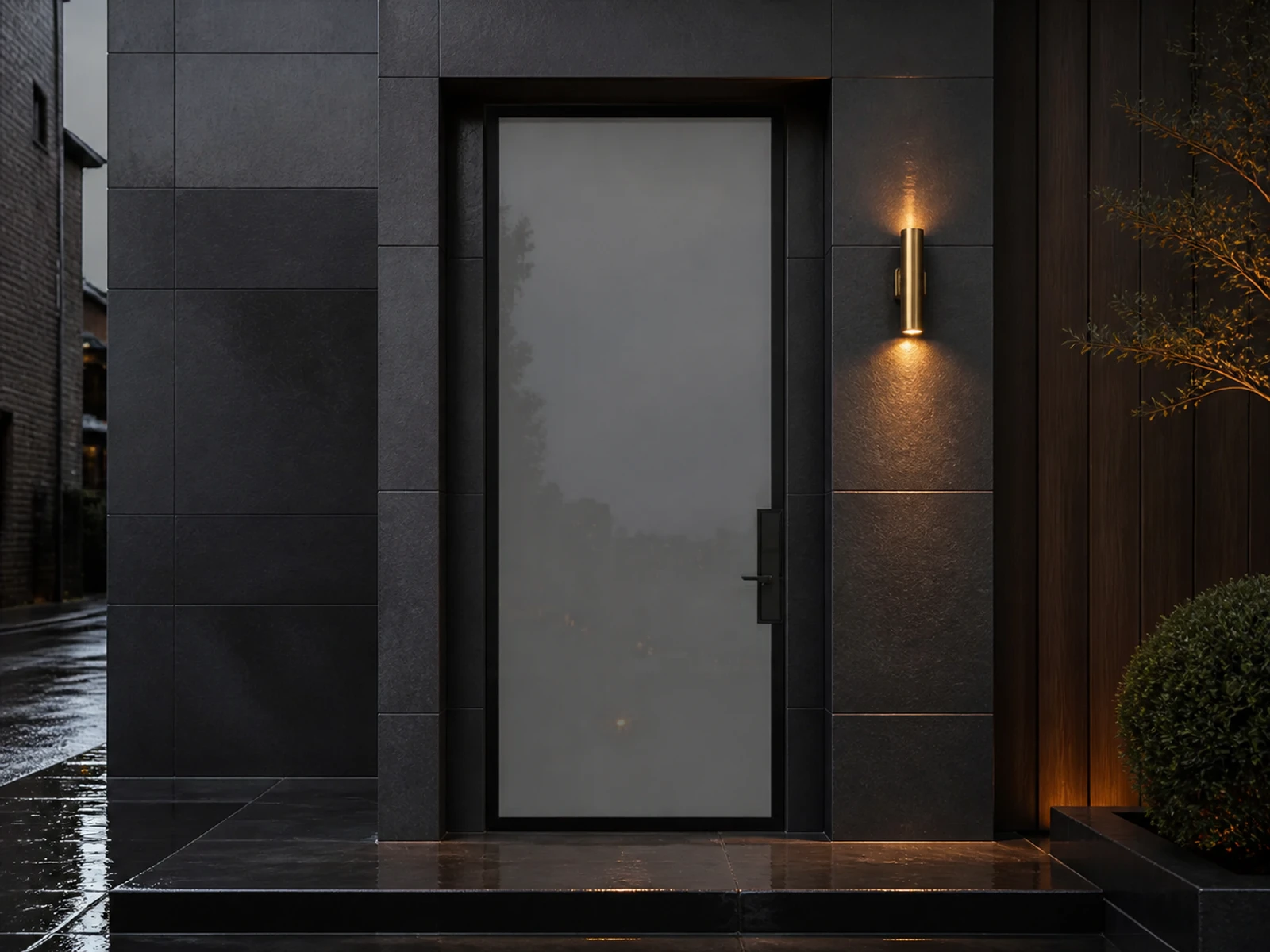 Architectural room scene for the exact smoked full-view entry configurator state