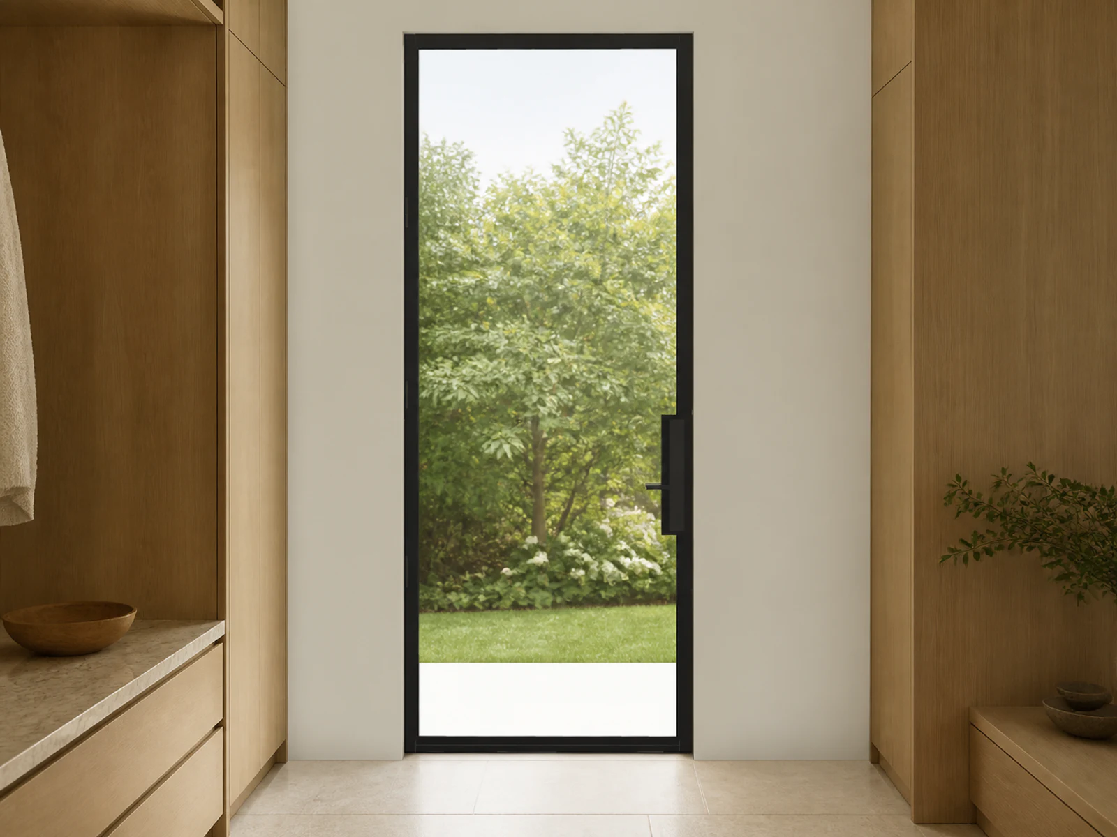 Photorealistic concept room for the exact full-view hinged entry configuration