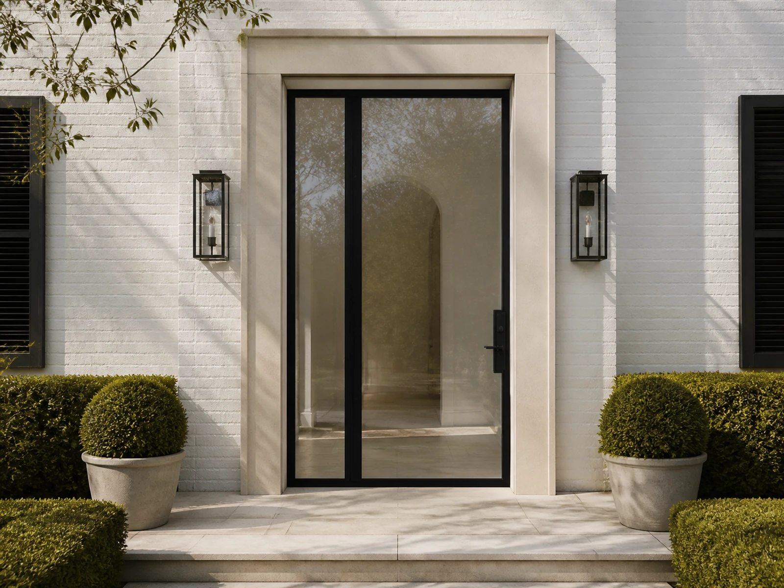 Architectural room scene for the exact entry + left sidelight configurator state