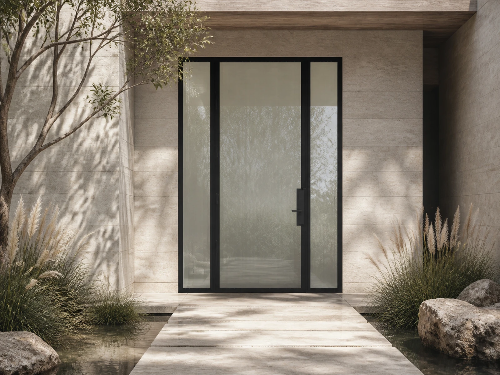 Architectural room scene for the exact reeded entry + sidelights configurator state