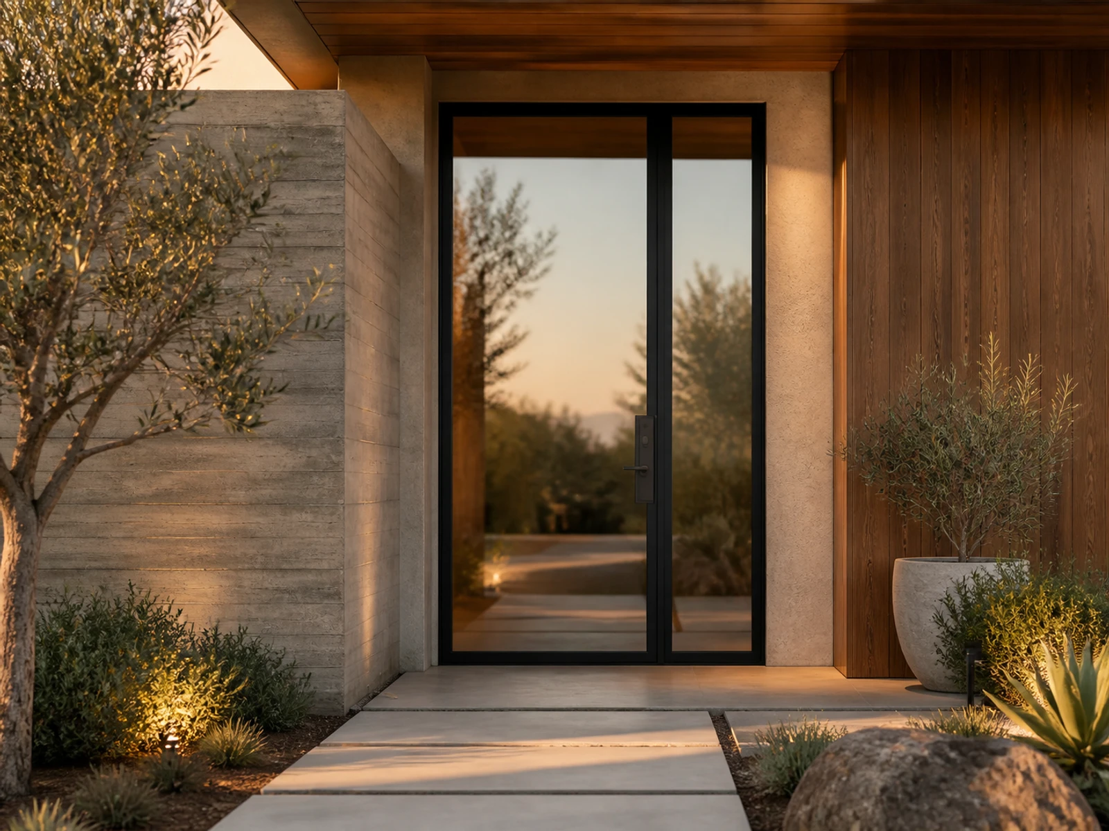 Architectural room scene for the exact entry + right sidelight configurator state