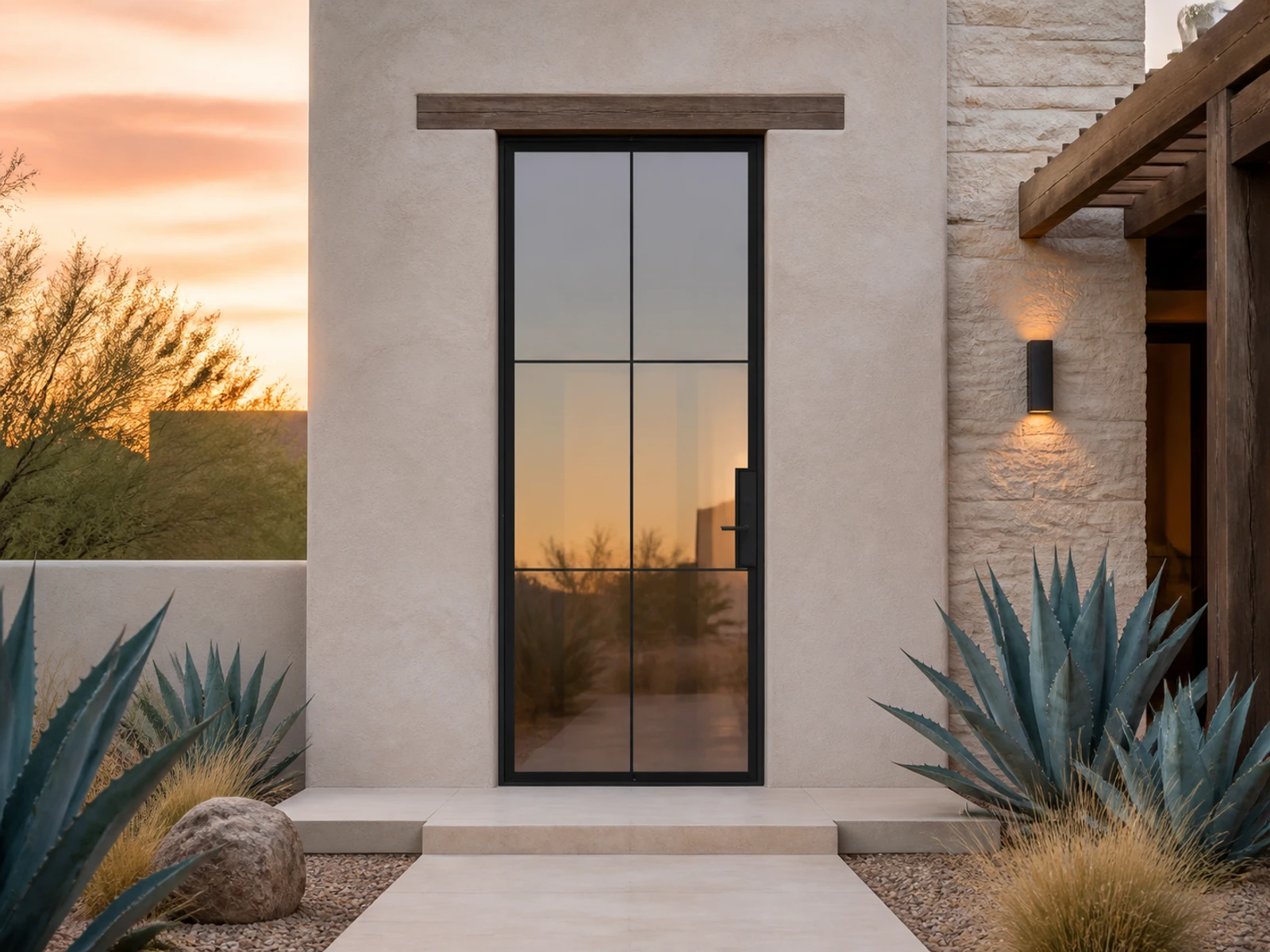 Architectural room scene for the exact six-lite hinged entry configurator state