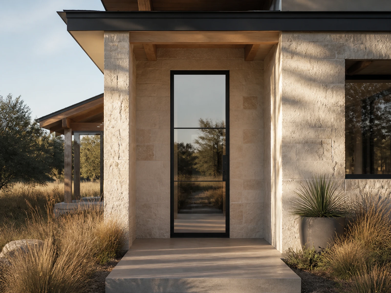Architectural room scene for the exact three-lite hinged entry configurator state