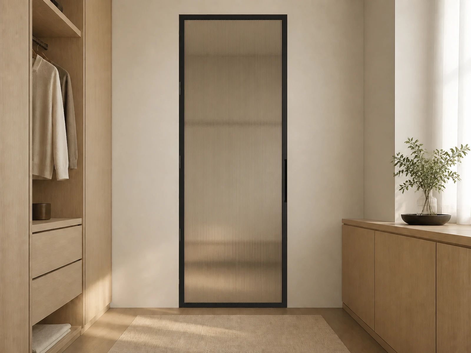 Photorealistic concept room for the exact reeded interior hinged door configuration