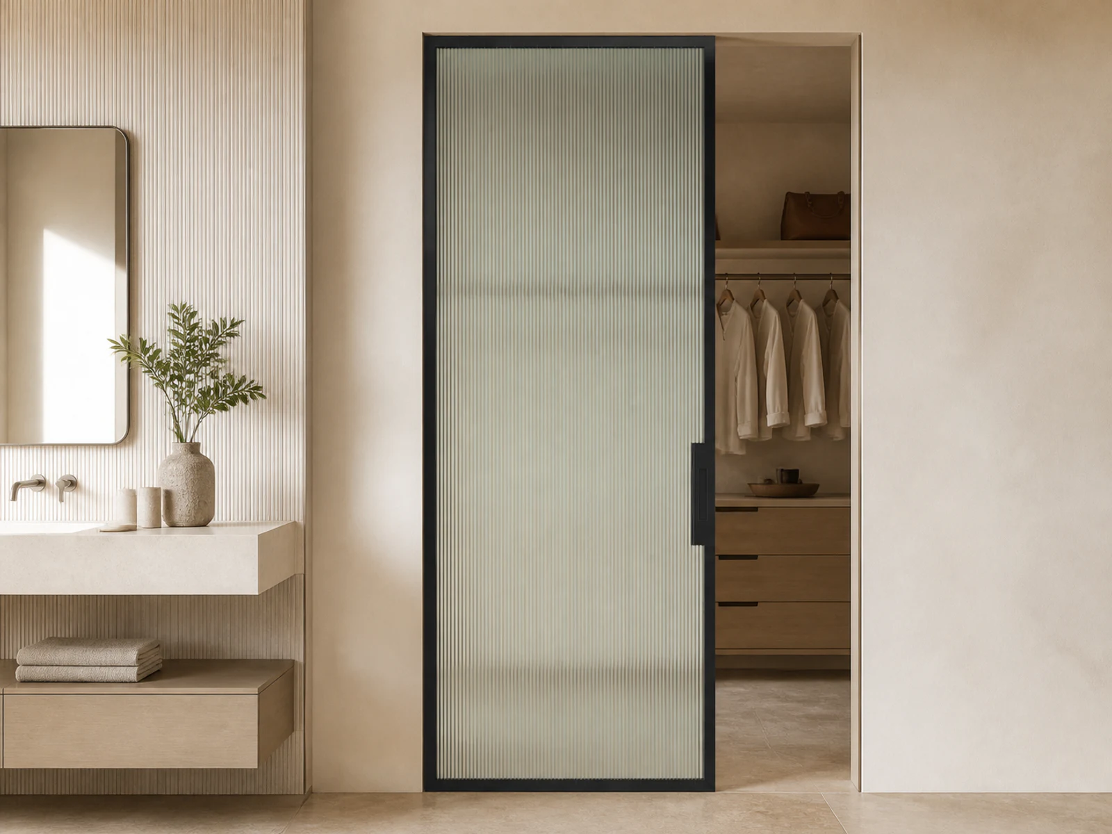 Photorealistic concept room for the exact reeded pocket-door configuration