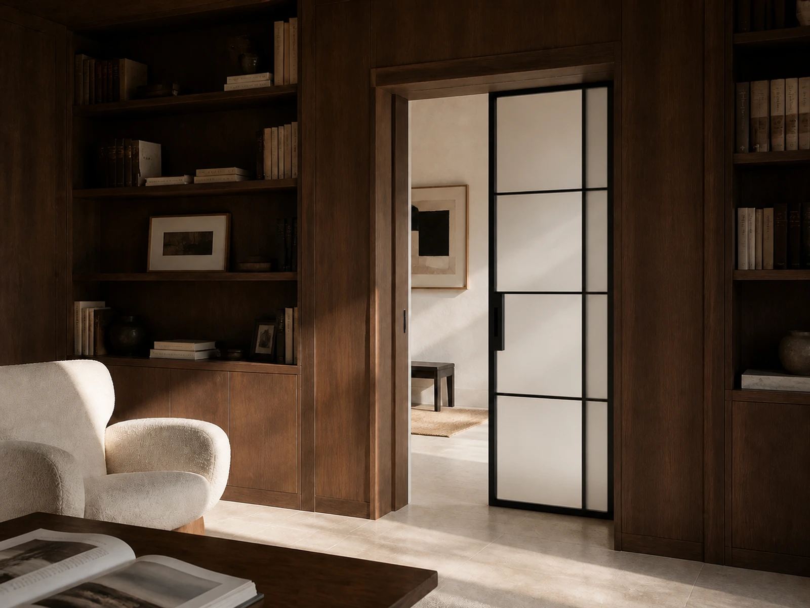 Photorealistic configurator concept room scene for an interior pocket steel panel