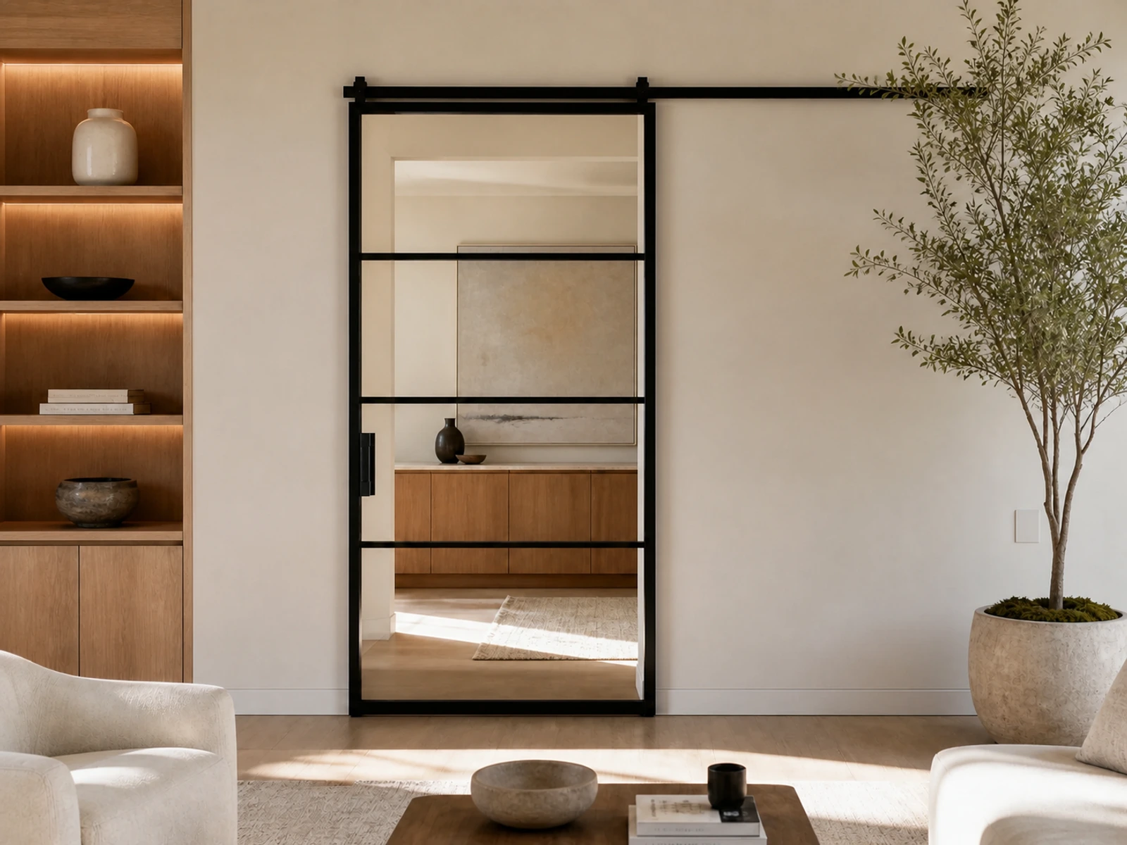 Interior sliding steel and glass door in a warm modern room