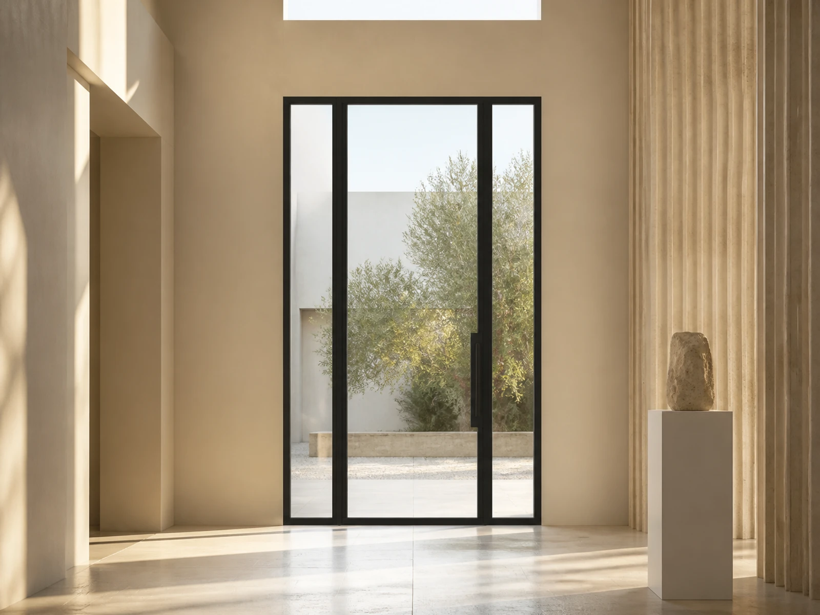 Architectural room scene for the exact full-view pivot + sidelights configurator state