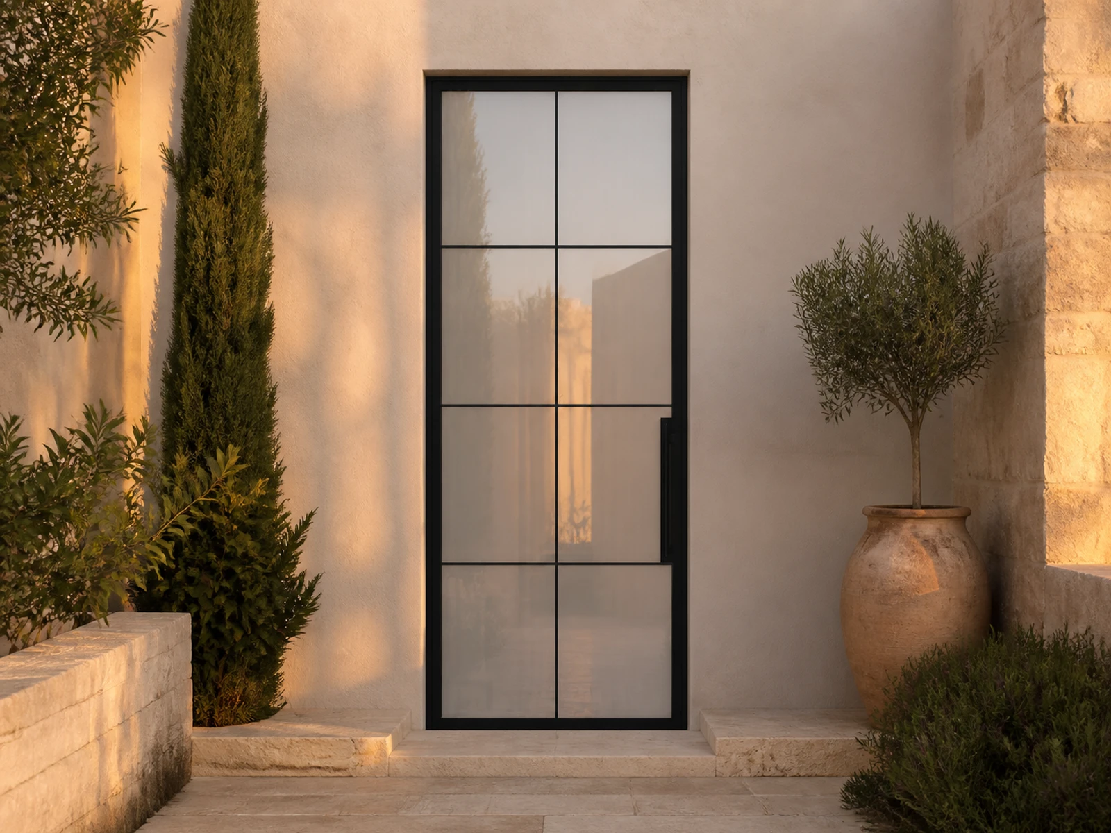 Architectural room scene for the exact eight-lite reeded pivot configurator state