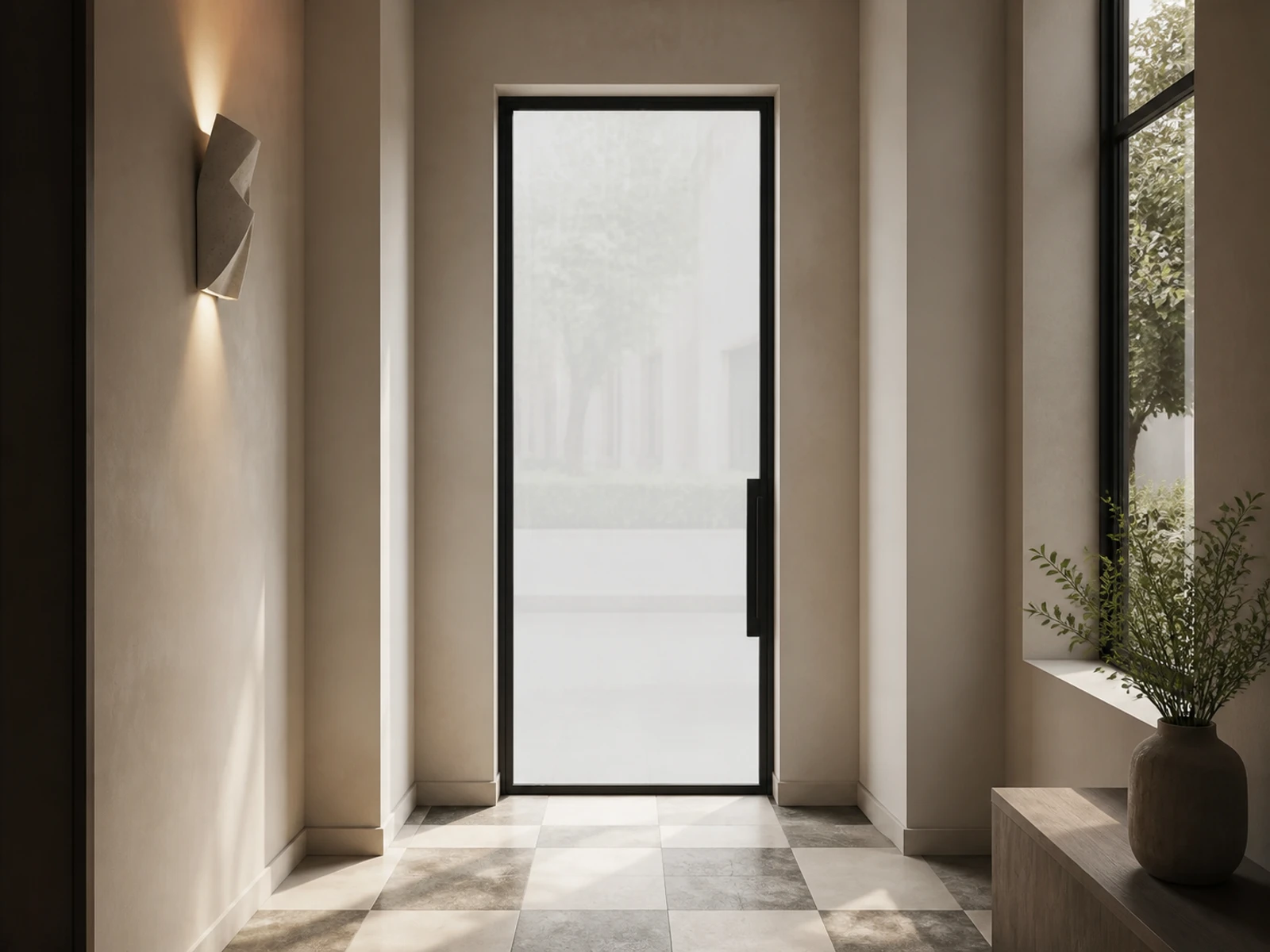 Architectural room scene for the exact full-view reeded pivot configurator state