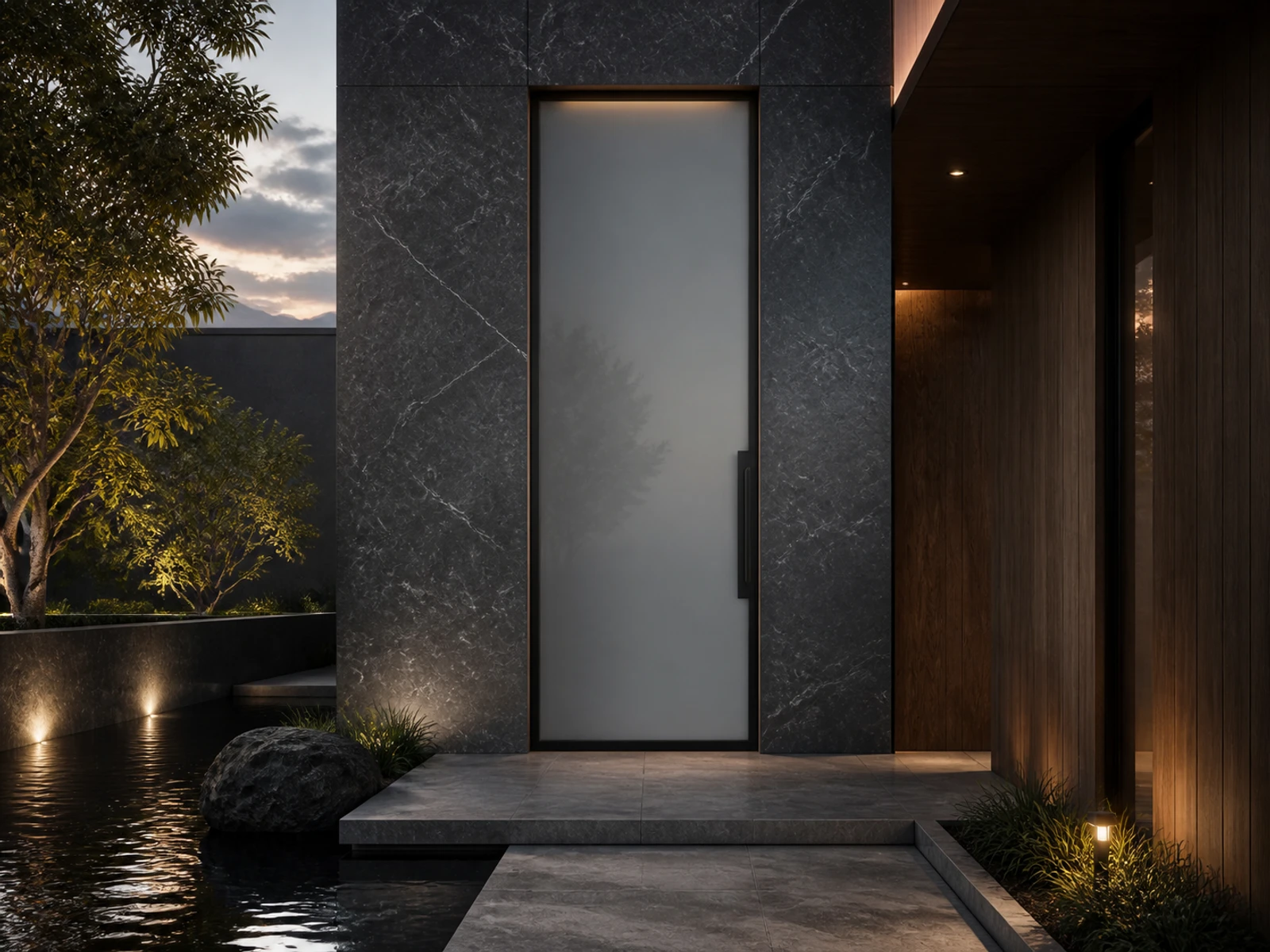 Architectural room scene for the exact smoked full-view pivot configurator state