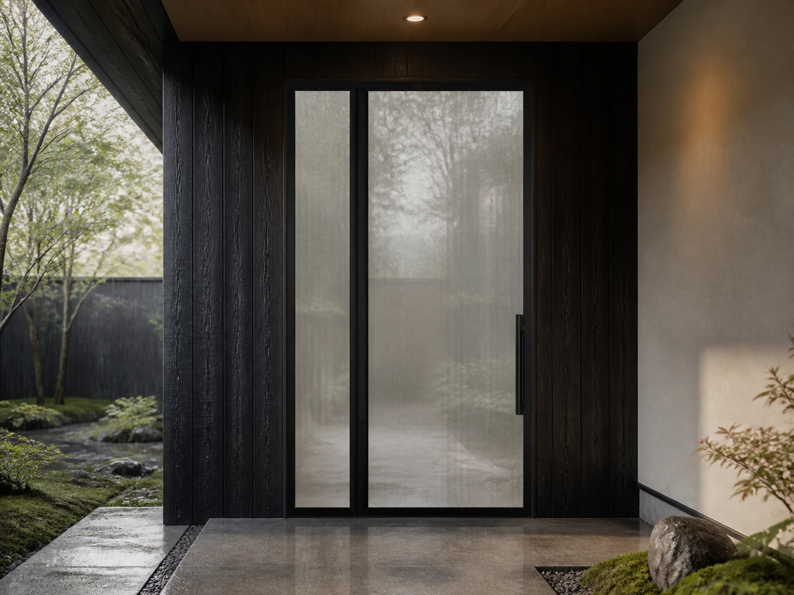 Architectural room scene for the exact reeded pivot + left sidelight configurator state