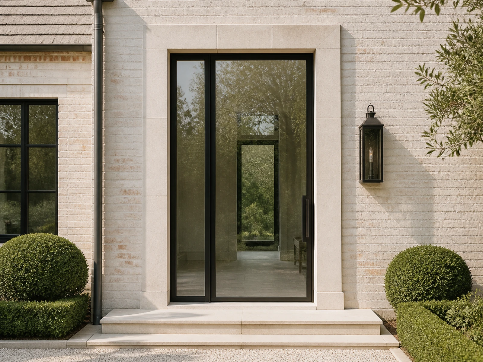 Architectural room scene for the exact pivot + left sidelight configurator state