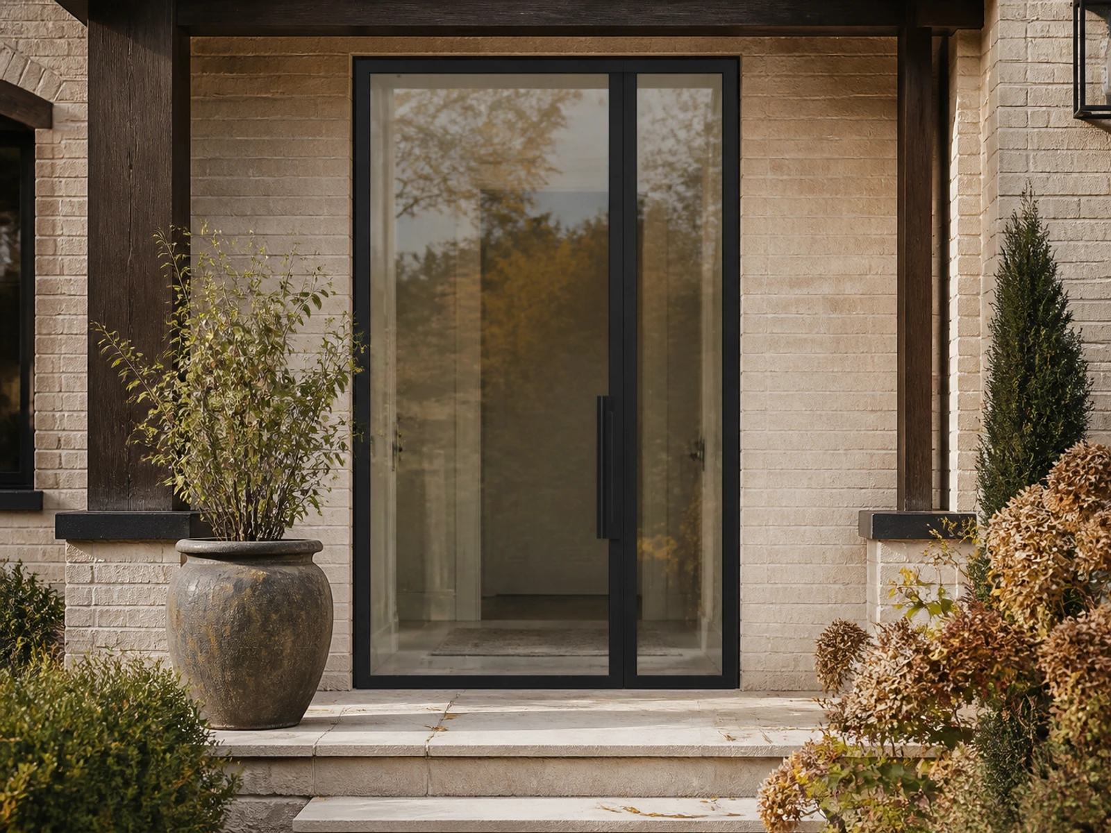 Architectural room scene for the exact reeded pivot + right sidelight configurator state