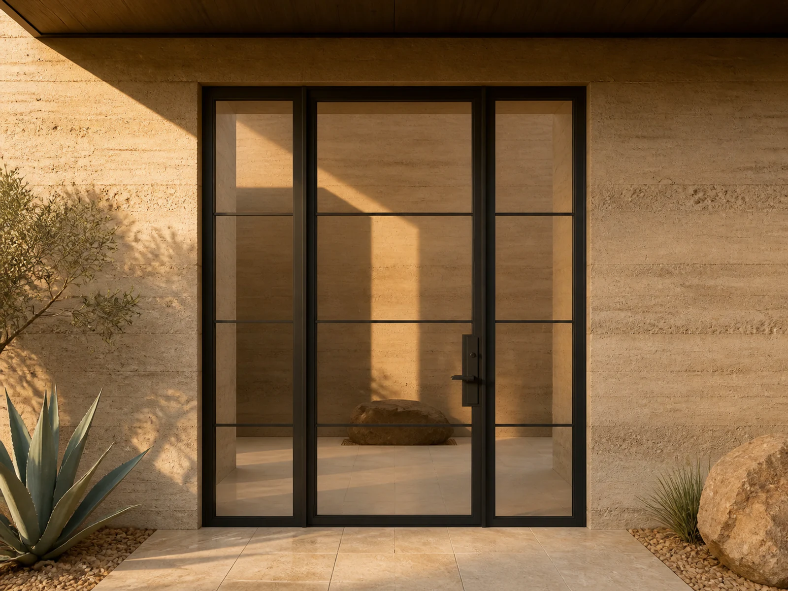 Photorealistic configurator concept room scene for a pivot entry with sidelights