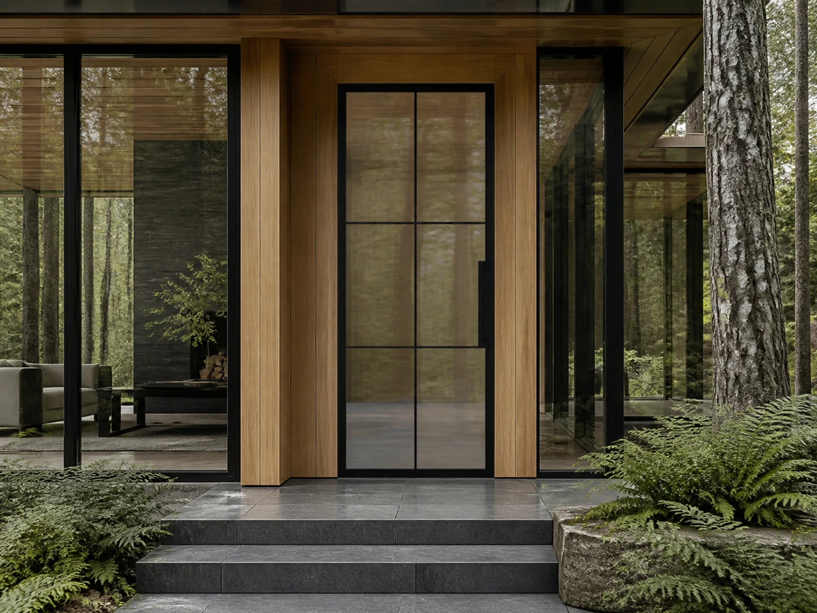 Architectural room scene for the exact six-lite reeded pivot configurator state