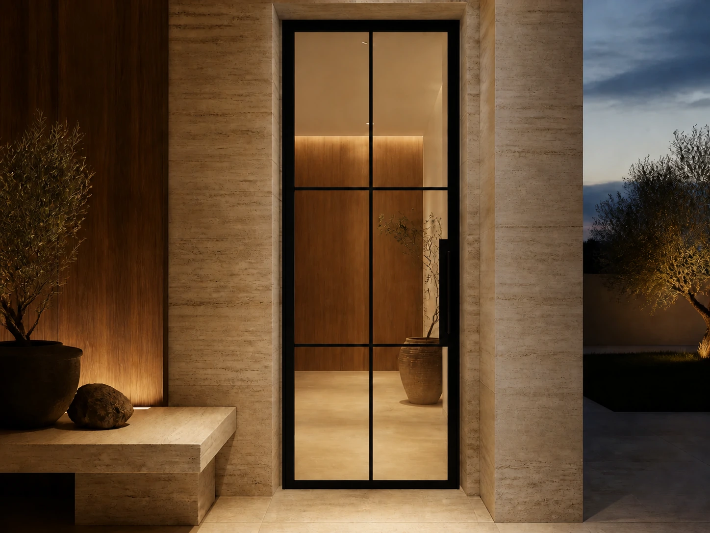 Photorealistic concept room for the exact matte-black six-lite pivot configuration