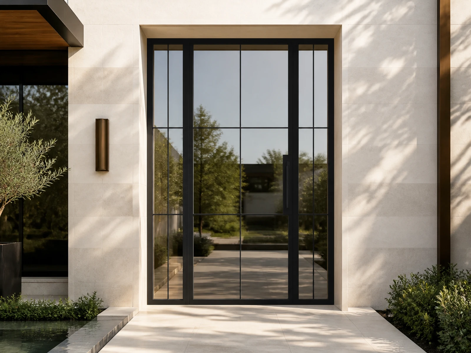 Architectural room scene for the exact six-lite pivot + sidelights configurator state