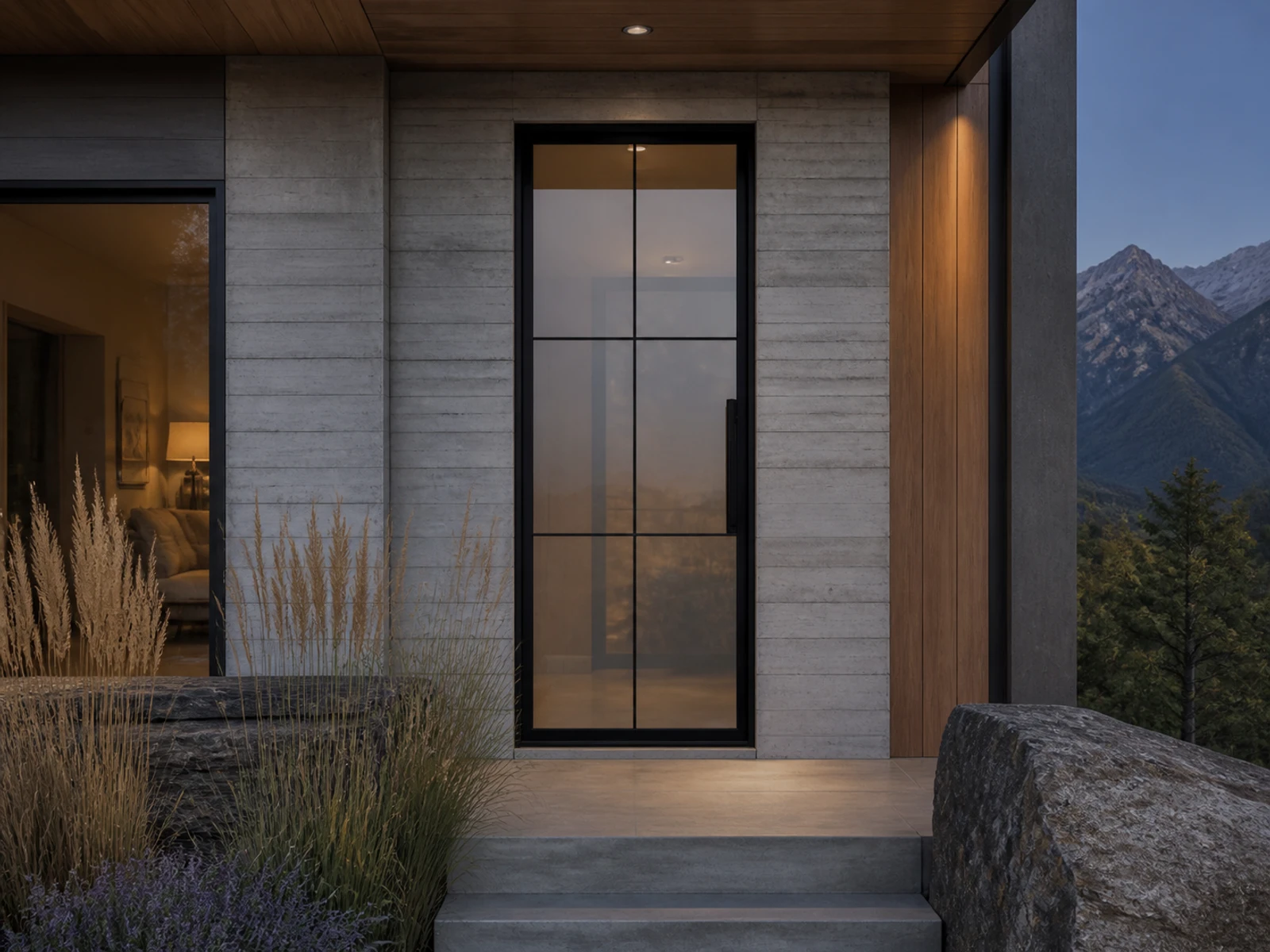 Architectural room scene for the exact six-lite smoked pivot configurator state
