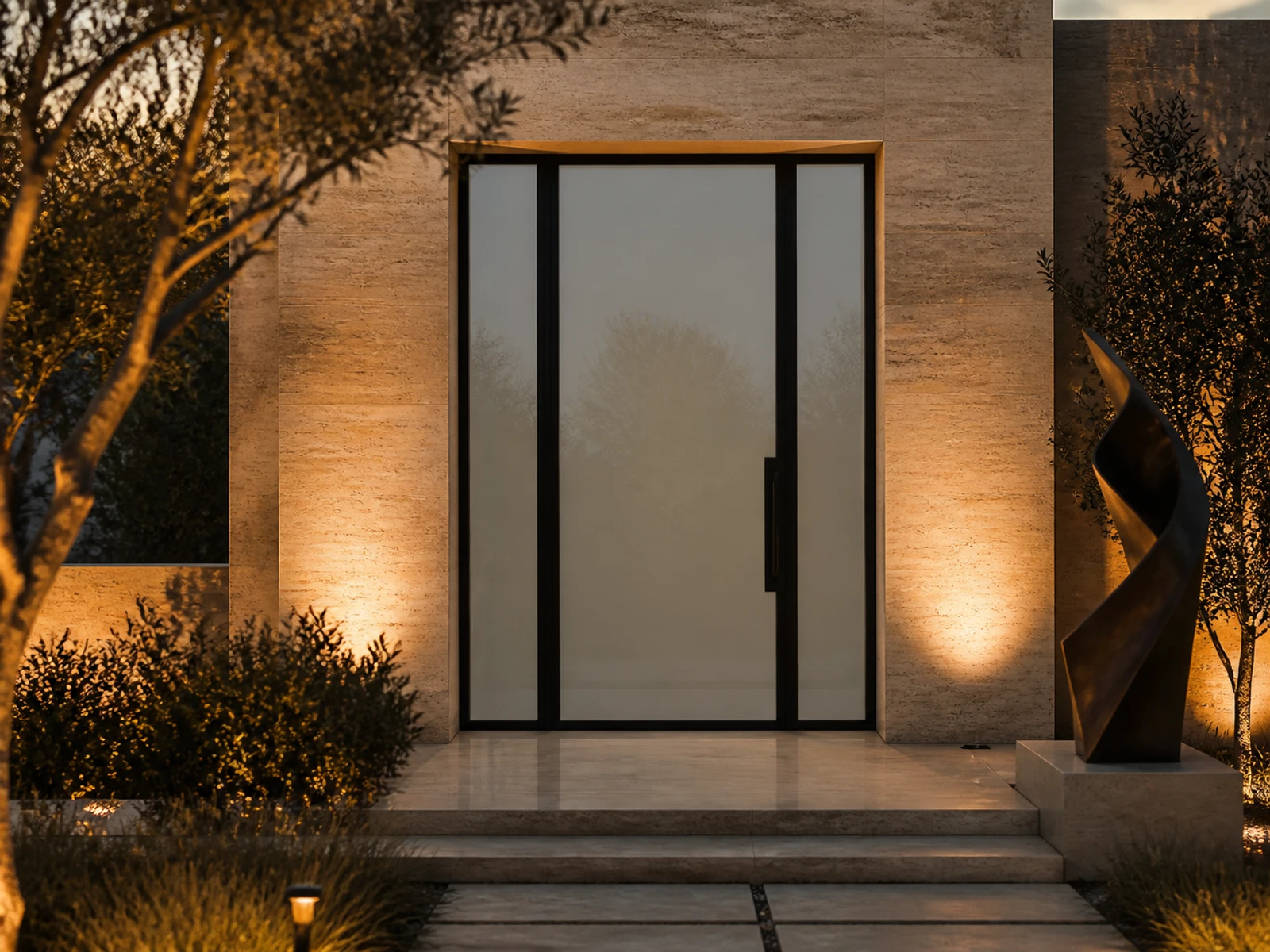 Architectural room scene for the exact smoked pivot + sidelights configurator state