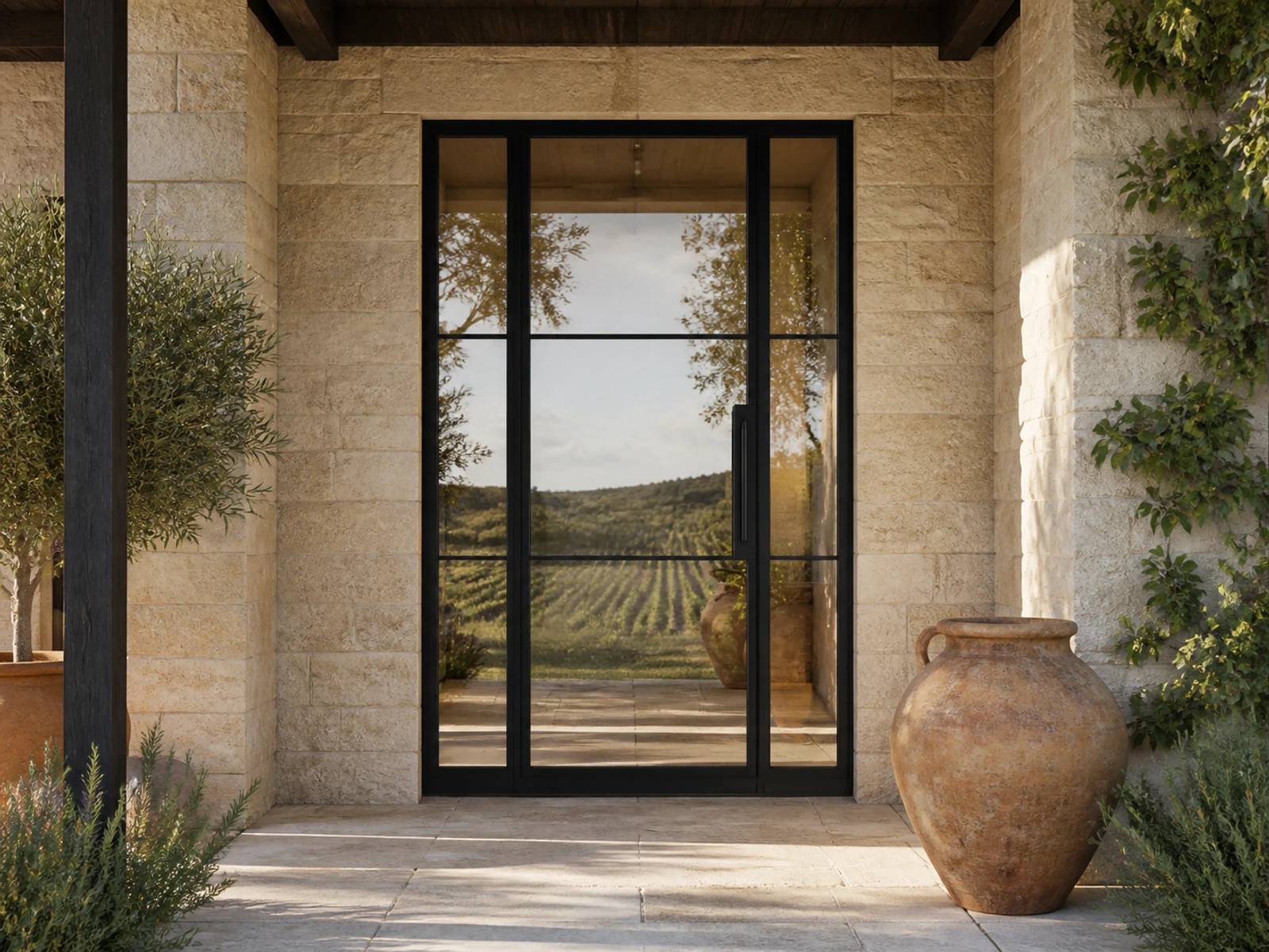 Architectural room scene for the exact three-lite pivot + sidelights configurator state