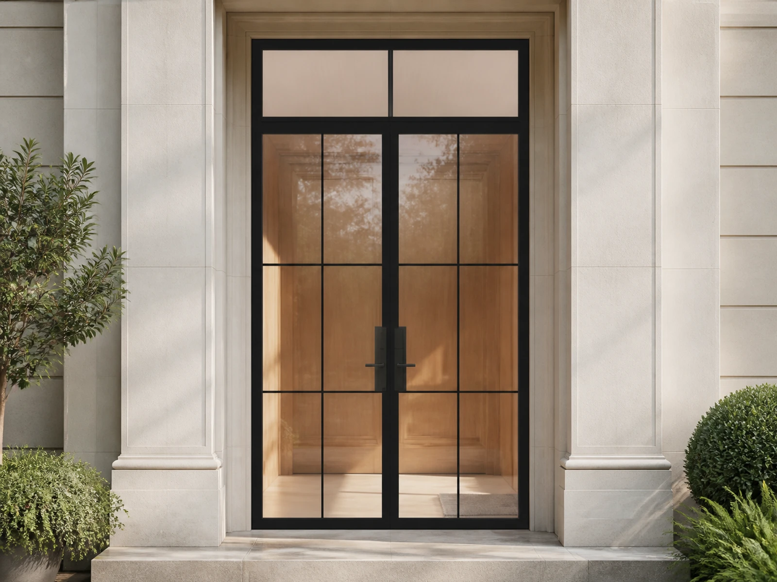 Architectural room scene for the exact six-lite double + transom configurator state
