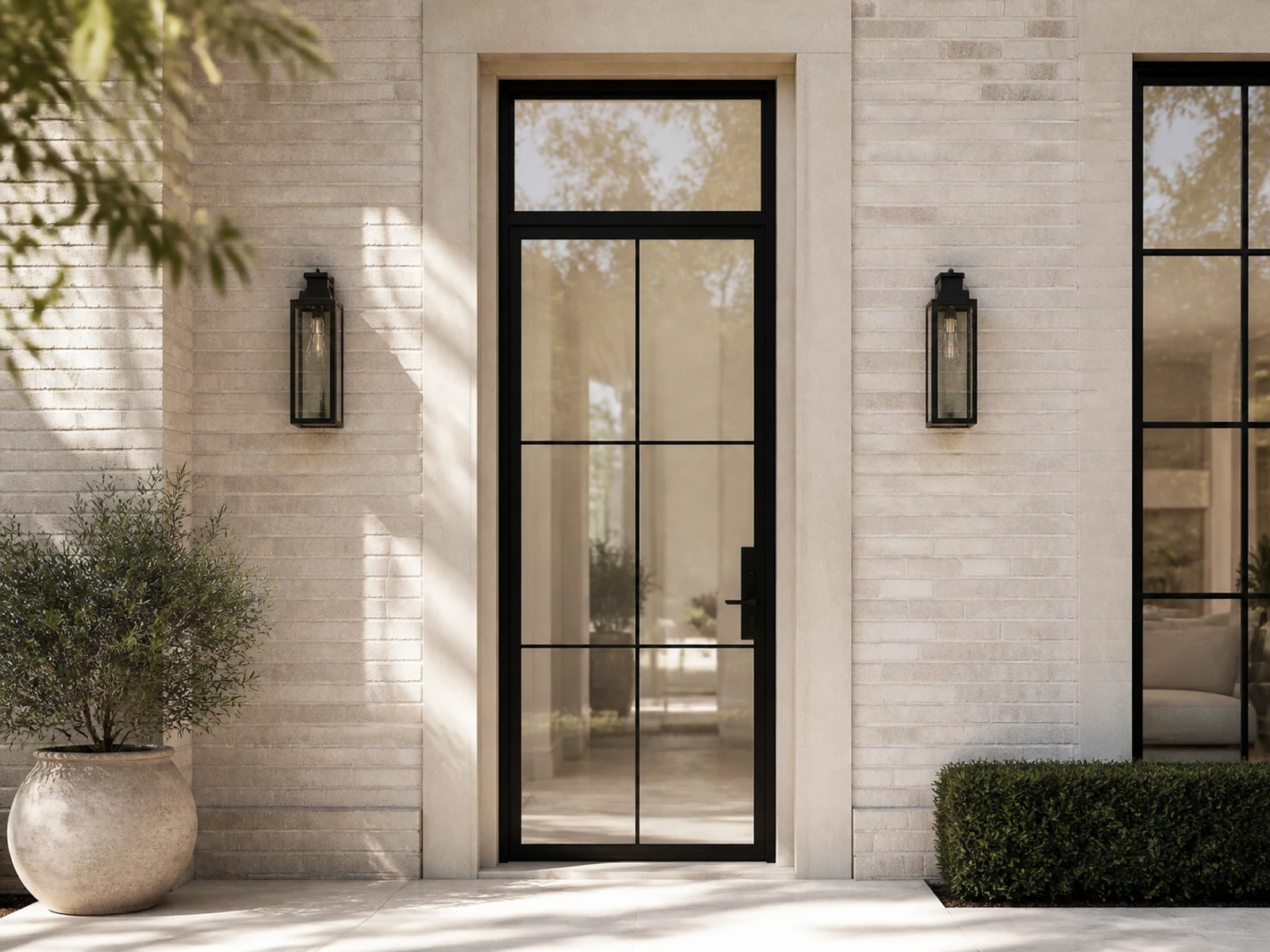Architectural room scene for the exact six-lite entry + transom configurator state