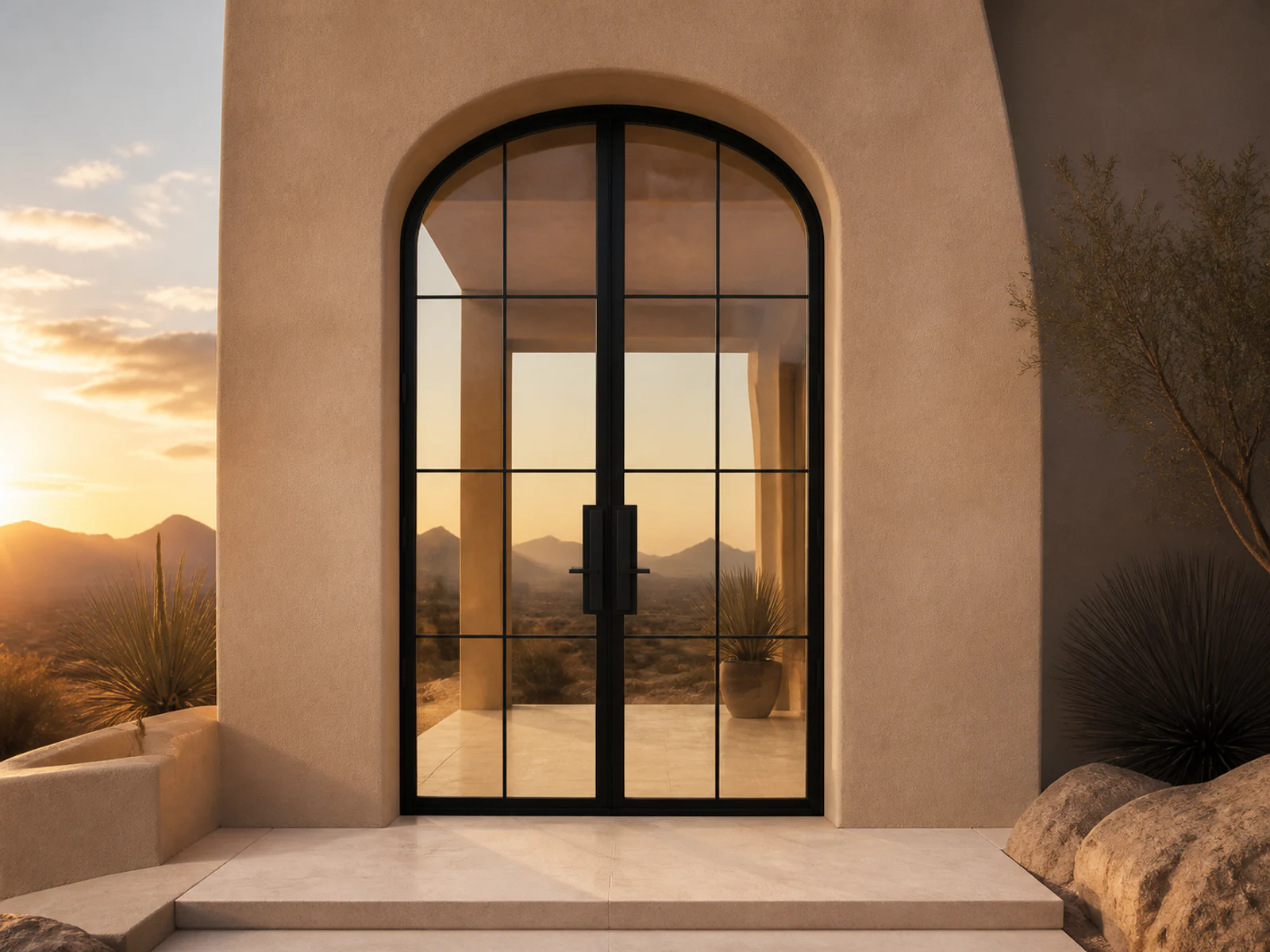 Photorealistic concept room for the exact soft-arch double entry configuration