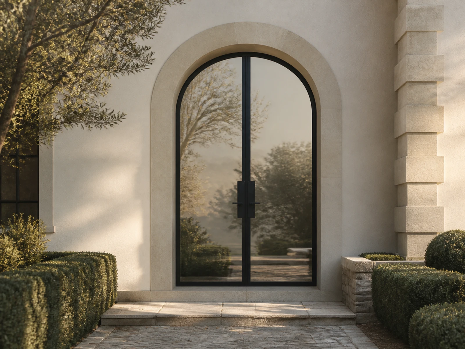 Architectural room scene for the exact full-view soft-arch double configurator state