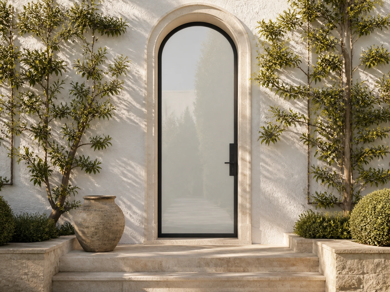 Architectural room scene for the exact full-view soft-arch entry configurator state