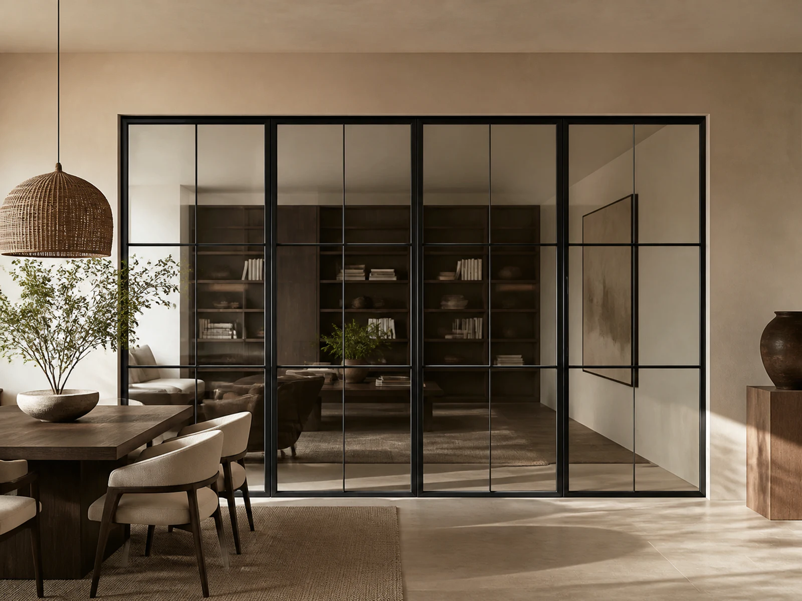 Photorealistic concept room for the exact four-panel steel partition configuration