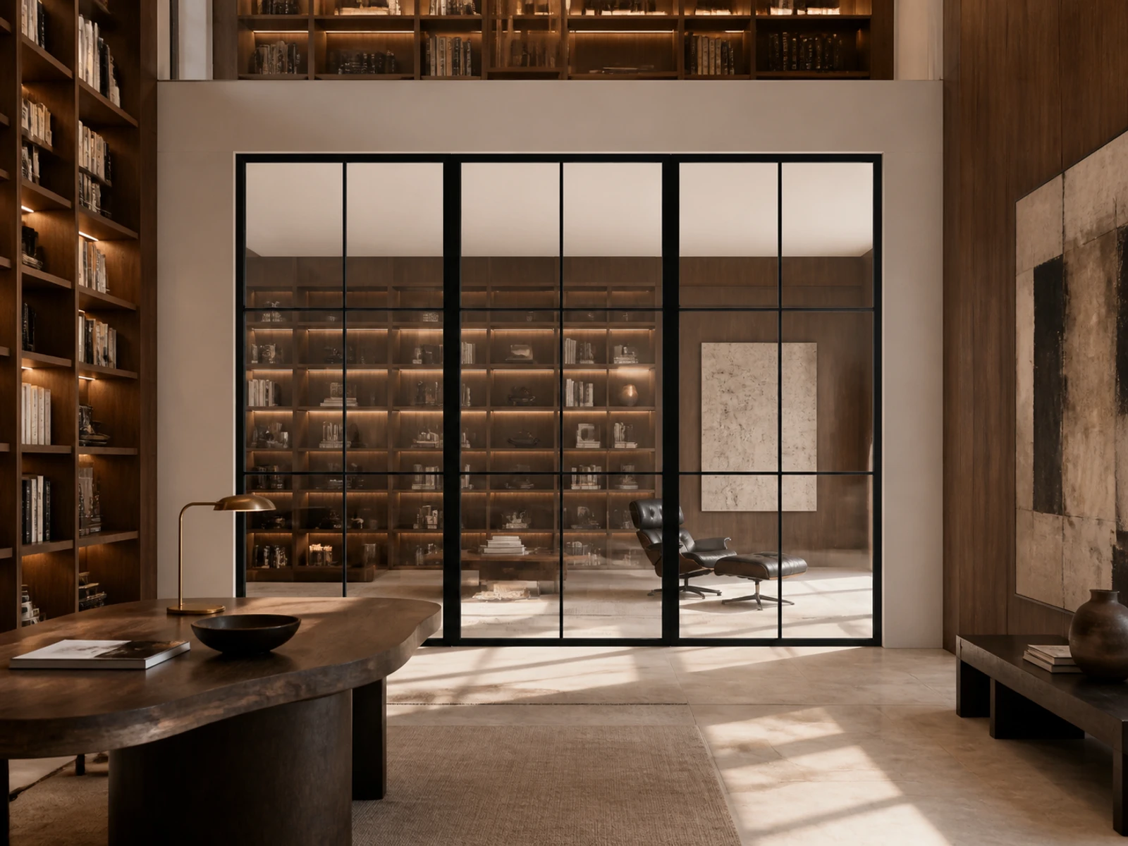 Photorealistic configurator concept room scene for a fixed steel-and-glass partition wall