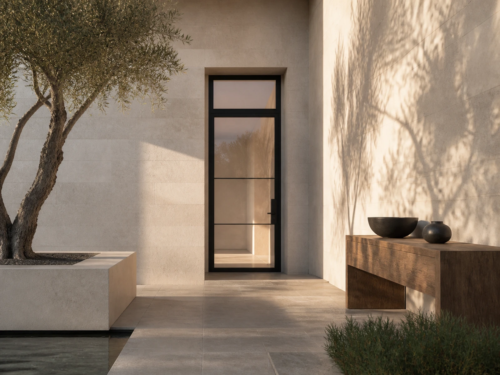 Photorealistic configurator concept room scene for a hinged steel entry with straight transom